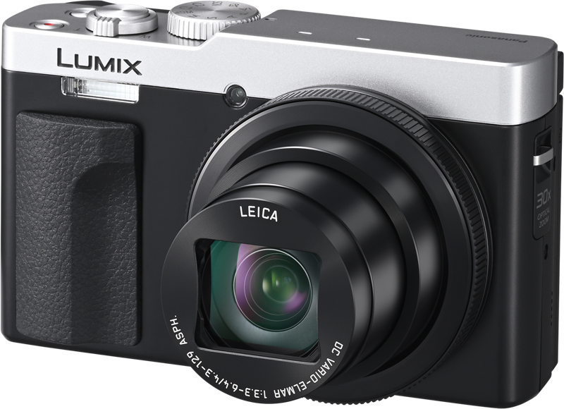 Panasonic Lumix TZ99 black-silver camera, front view with Leica lens