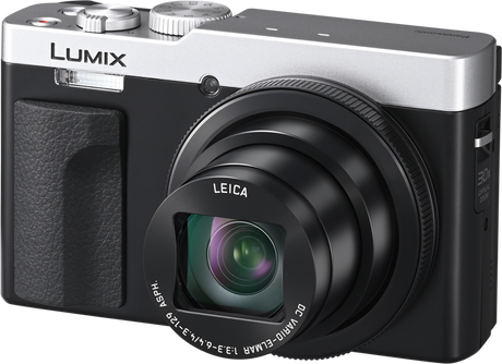 Panasonic Lumix TZ99 black-silver camera, front view with Leica lens