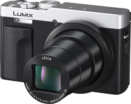 Panasonic Lumix TZ99 Leica lens close-up on silver-top black body
