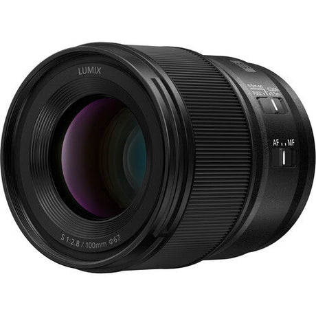 Panasonic Lumix S 100mm f/2.8 macro lens, angled view of front glass and textured barrel