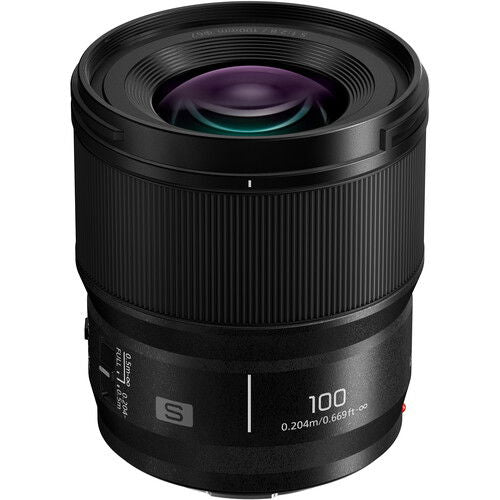 Panasonic Lumix S 100mm f/2.8 macro lens, front element and ribbed metal barrel