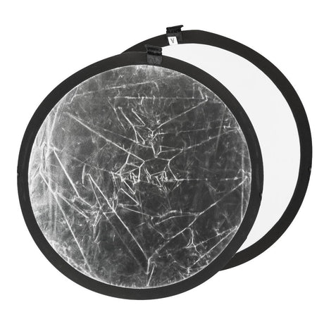 110cm round silver reflector panel with black border and hanging tab