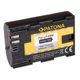 Patona LP-E6N Li-ion 7.2V battery, 1600mAh 11.5Wh, rear label and contacts