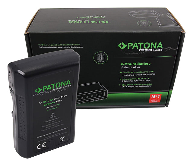 Patona V-mount battery 95Wh, black housing with front label and V-mount contacts