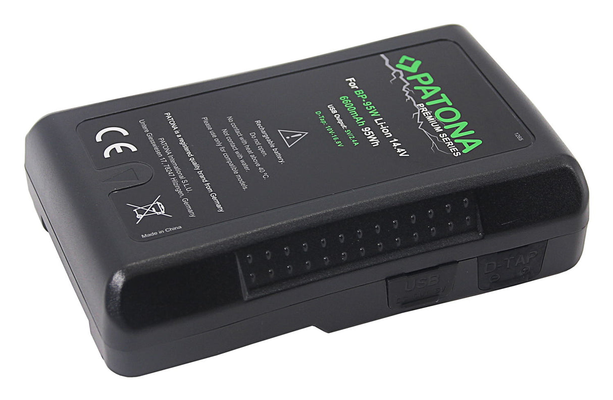 V-mount battery underside with port cutout and charging labels, black 95Wh