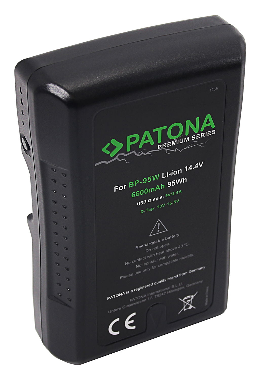 V-mount battery 95Wh in black with label showing 14.4V and output/input info