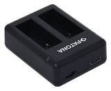 Încărcător dual USB Patona, negru, cu porturi USB și inscripție pe carcasă