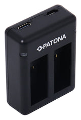 Încărcător dual USB Patona, negru, cu port USB lateral și locașuri vizibile