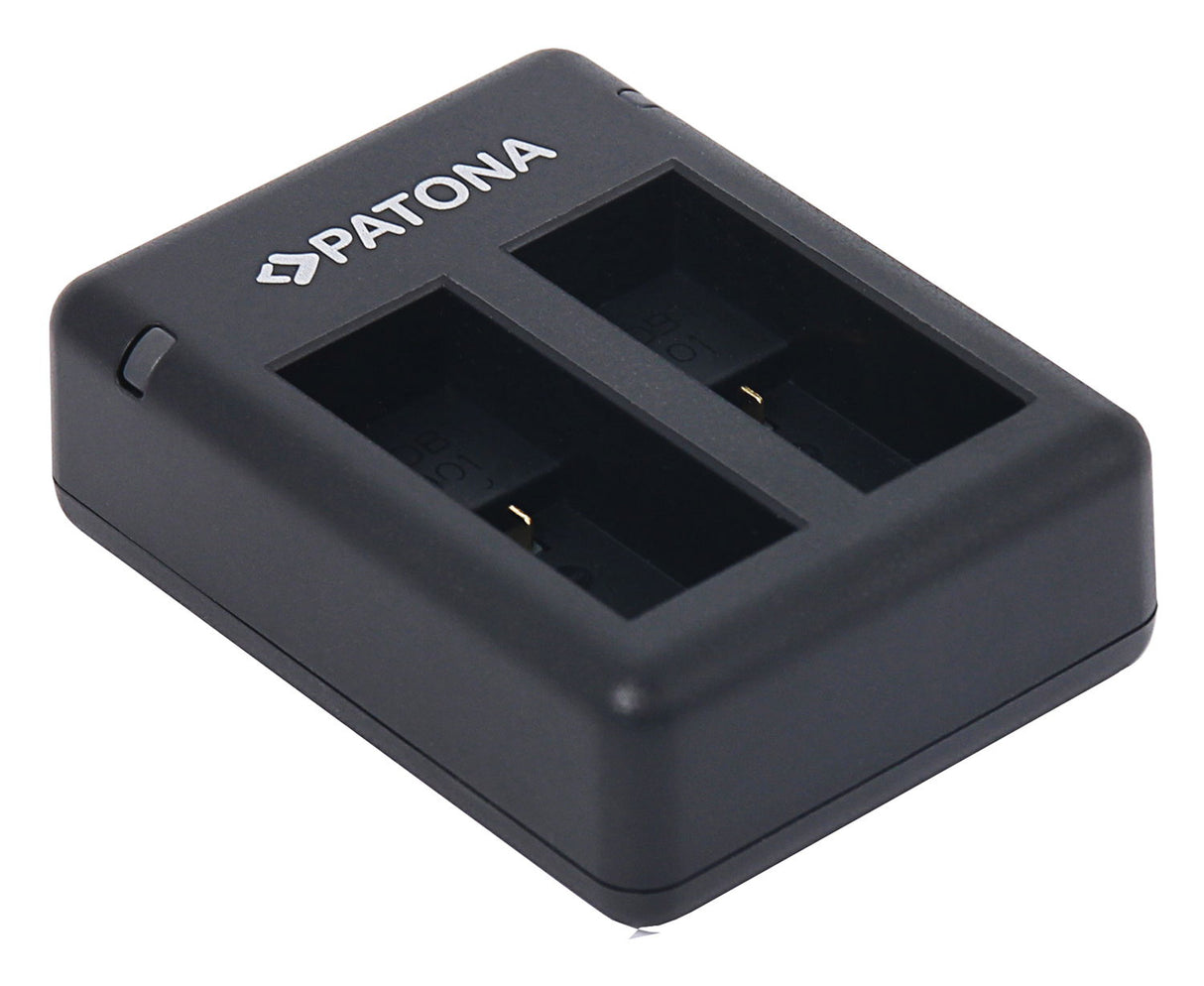 Încărcător dual USB Patona, negru, cu două locașuri pentru baterii