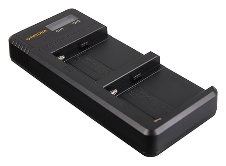 Dual bay LCD battery charger with two charging slots and indicator window