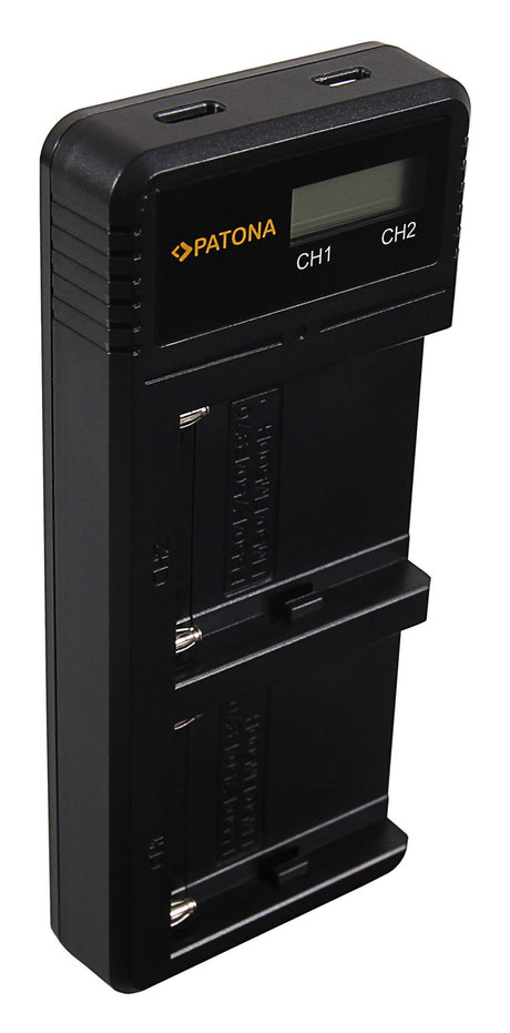 Standing dual LCD battery charger with CH1/CH2 labels and connector ports