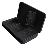 Black dual charging dock open view with battery contacts and power connectors