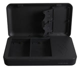 Black open dual charging dock with battery slots and built-in storage compartment