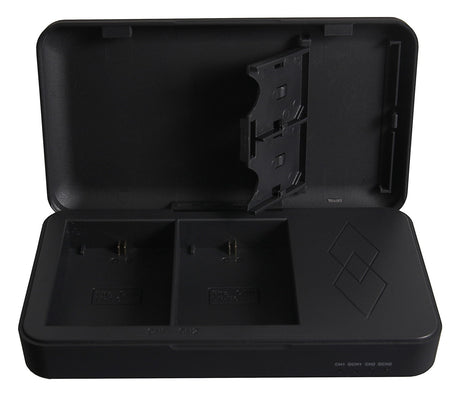 Black open dual charging dock with battery slots and built-in storage compartment