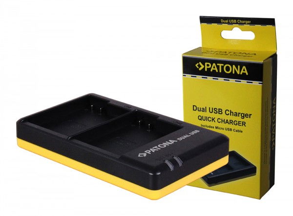 Dual USB quick charger with Micro USB cable, black and yellow charging cradle