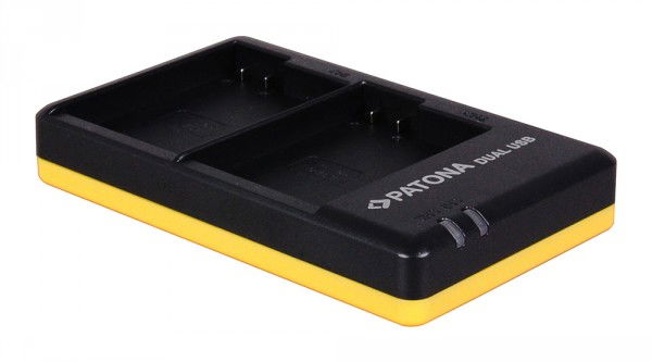 Black and yellow dual USB battery charging cradle with two charging slots