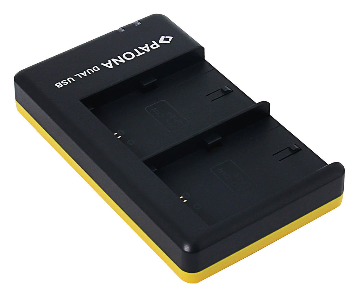Încărcător dual USB pentru baterii LP-E6, două sloturi pentru baterii, vedere oblică
