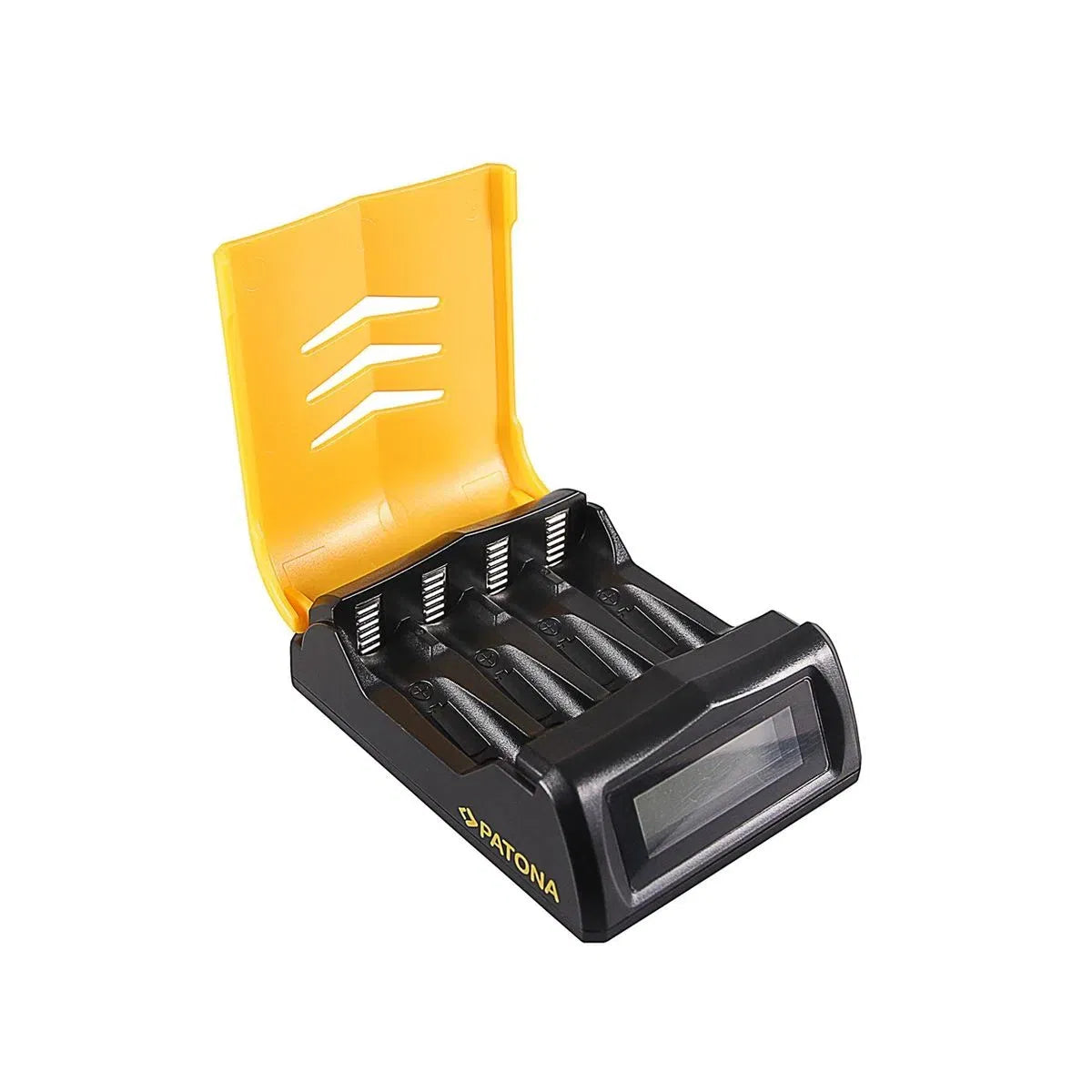 Încărcător rapid AA/AAA cu ecran LCD și locașuri pentru baterii; negru-galben