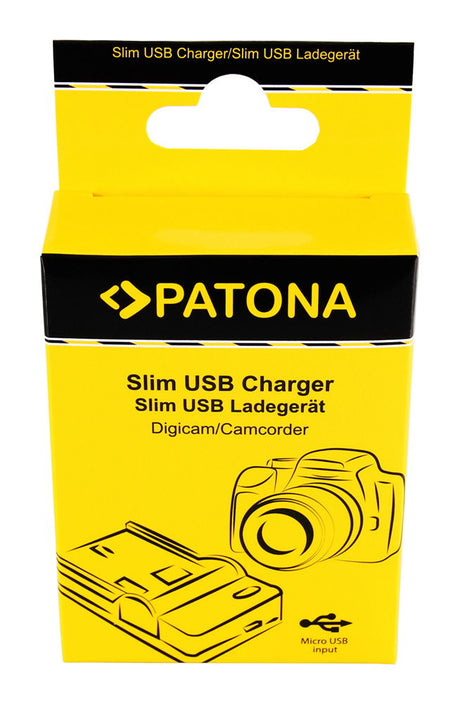 Ambalaj încărcător slim USB micro-USB, galben cu desene aparat foto și text „Micro USB input”