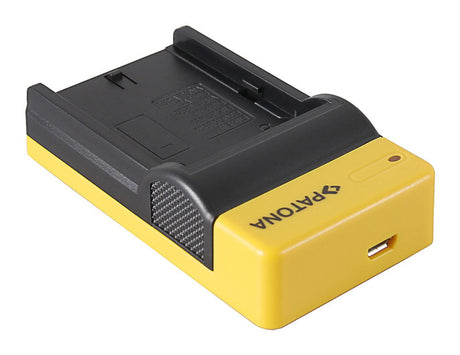 Încărcător slim USB micro-USB, carcasă neagră cu bază galbenă și port USB