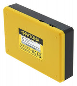 Back of triple USB charger for Sony NP-FZ100, yellow casing with label panel