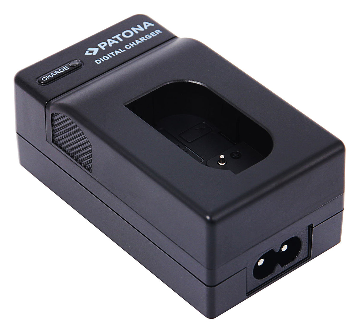 Black digital charger for Panasonic DMW-BLK22 battery, top view with charge button