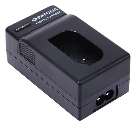 Black digital charger for Panasonic DMW-BLK22 battery, top view with charge button