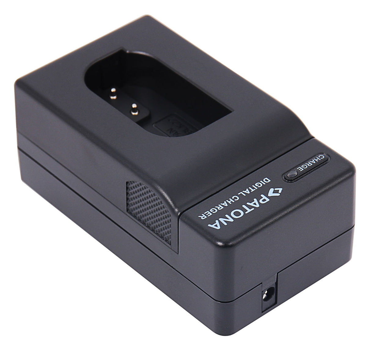 Black digital battery charger for Panasonic DMW-BLK22, front cradle and side power port