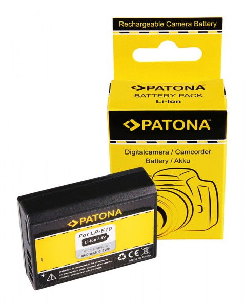 Rechargeable Li-ion camera battery for LP-E10, with PATONA label and contacts