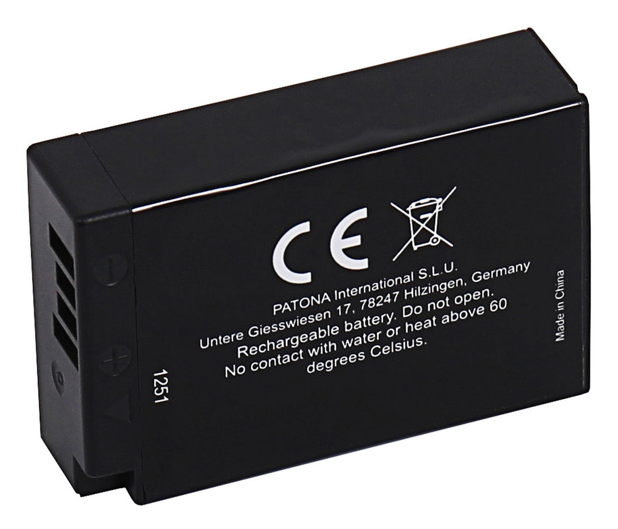 LP-E17 battery pack rear label, rechargeability and safety icons on black casing