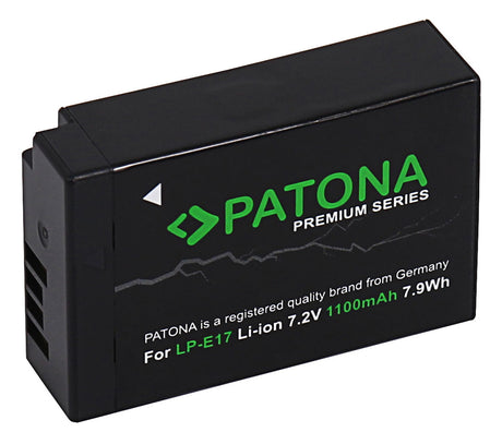 LP-E17 battery pack, black with green PATONA Premium Series logo and capacity text