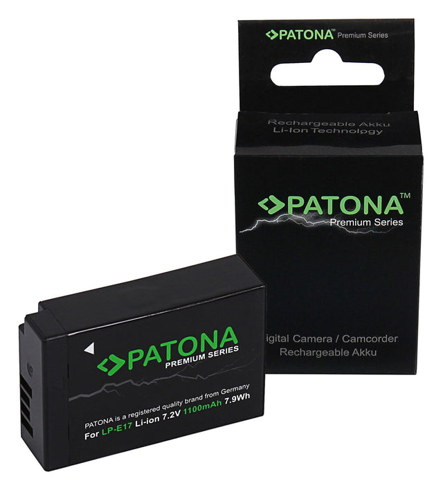 LP-E17 rechargeable Li-ion battery pack box, black with green PATONA branding
