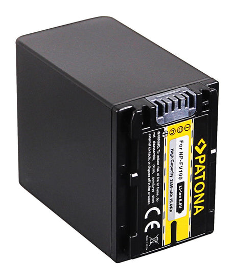 Black battery pack with metal charging contacts and side label for NP-FV100