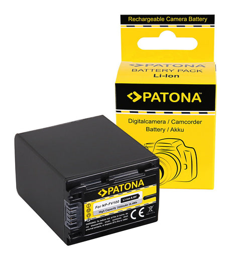 Black Li-ion camera battery pack for NP-FV100, shown with retail box