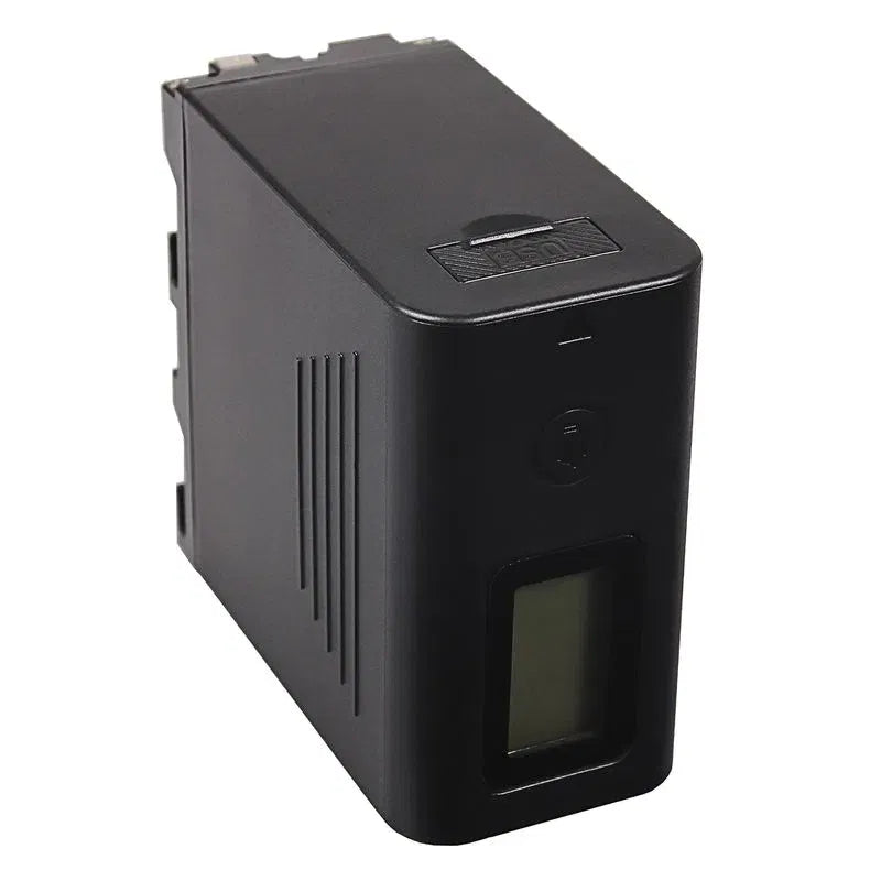 Black battery with side vent slots and control button above LCD window