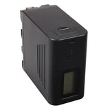 Black battery with side vent slots and control button above LCD window