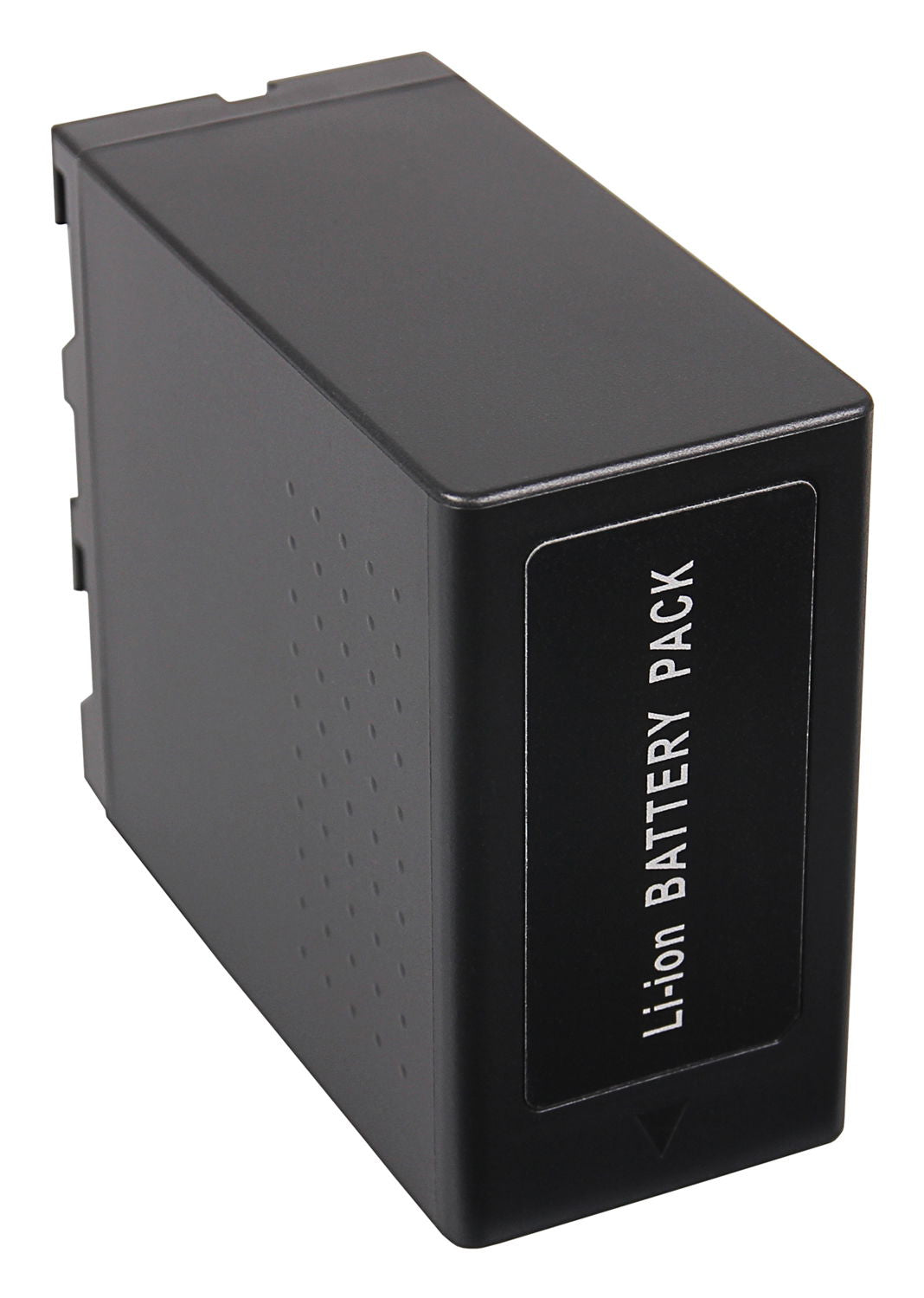 Acumulator Li-ion NP-F970, latura cu eticheta BATTERY PACK, carcasă neagră