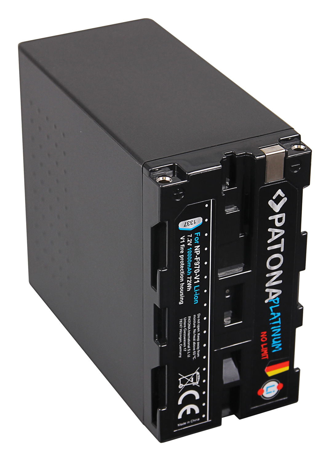 Acumulator Li-ion NP-F970 Patona Platinum, spate cu specificații și simboluri