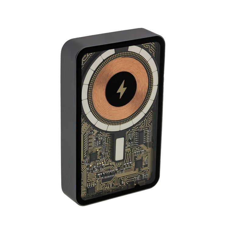 Wireless power bank back view with copper coil center and printed circuit board pattern