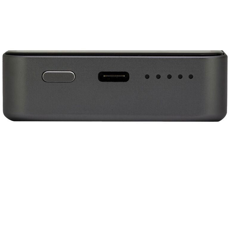 Wireless power bank side panel with USB port, button, and LED indicator dots