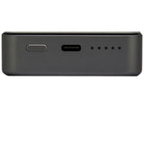 Wireless power bank side panel with USB port, button, and LED indicator dots