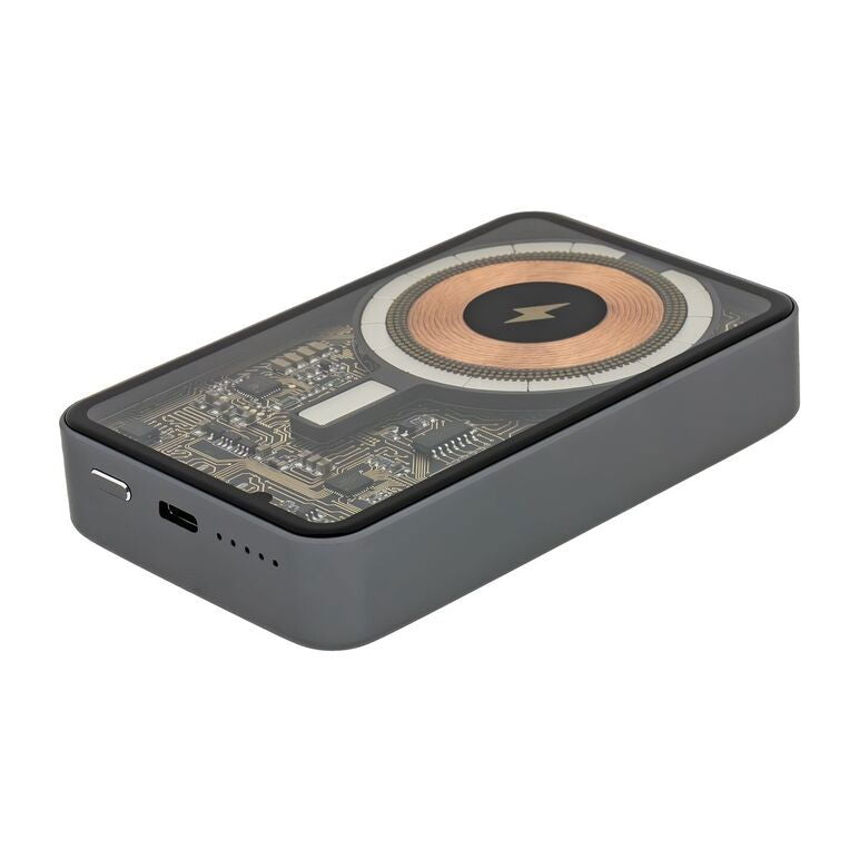 Wireless power bank angled view with charging coil and built-in USB ports on side