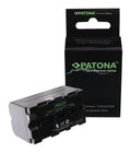 NP-F750 Li-ion rechargeable battery pack shown with retail box