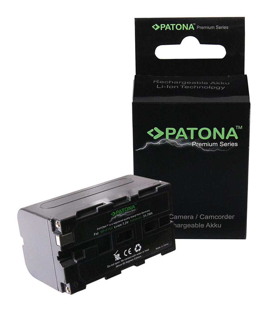 NP-F750 Li-ion rechargeable battery pack shown with retail box