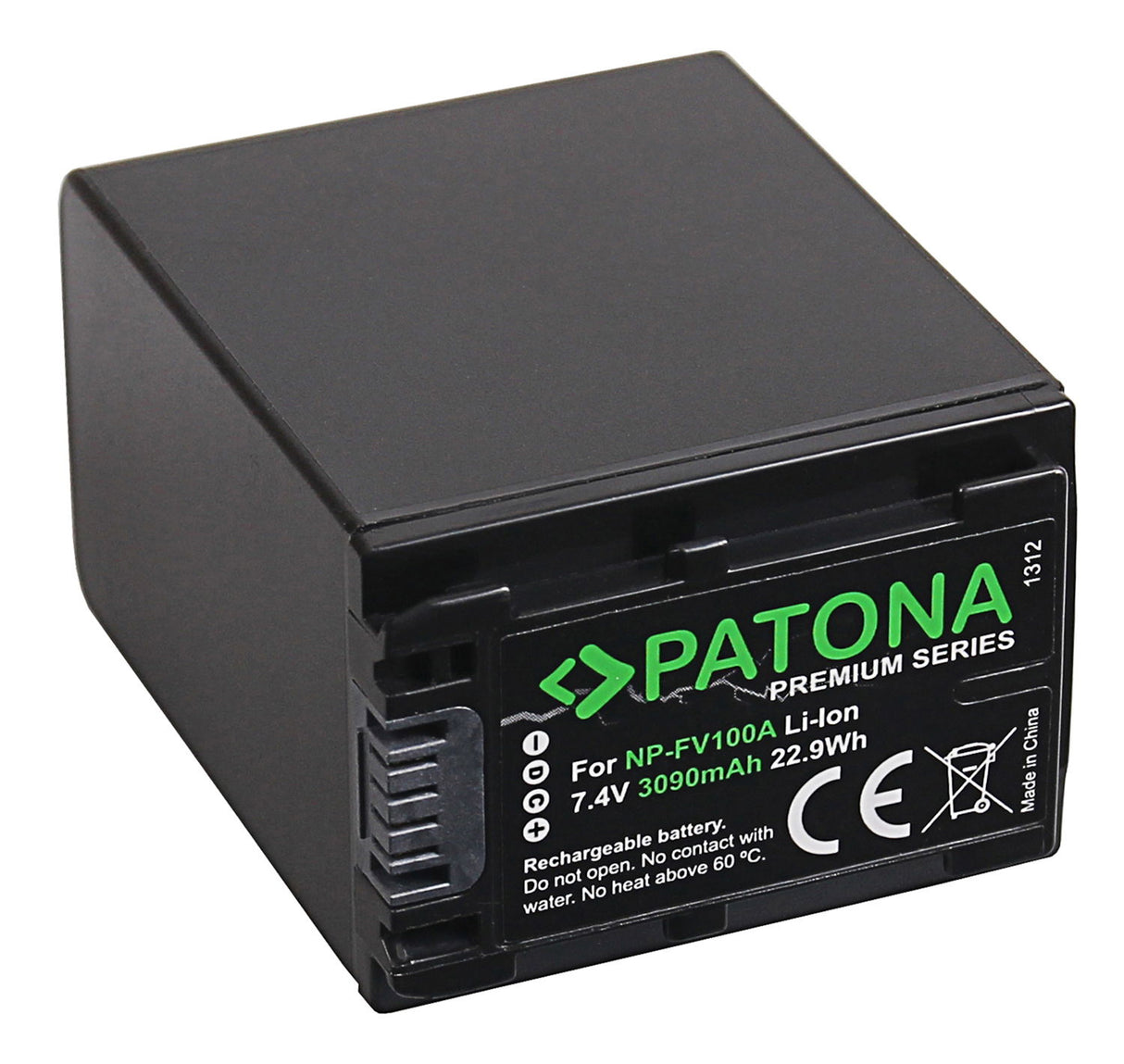 NP-FV100 Li-ion battery pack label showing 7.4V, 3090mAh, 22.9Wh