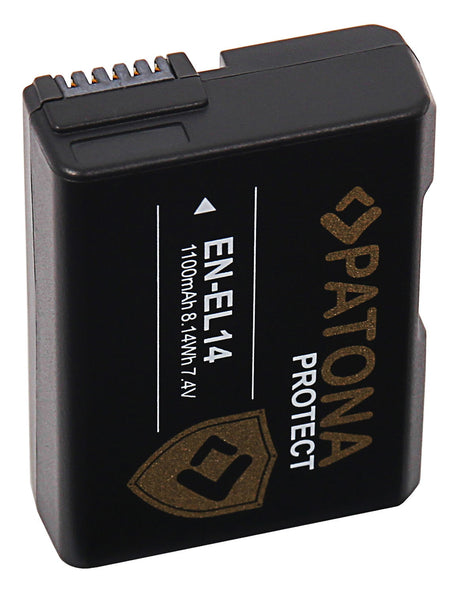 EN-EL14 rechargeable battery, black, shows 1100mAh 8.14Wh 7.4V and contacts
