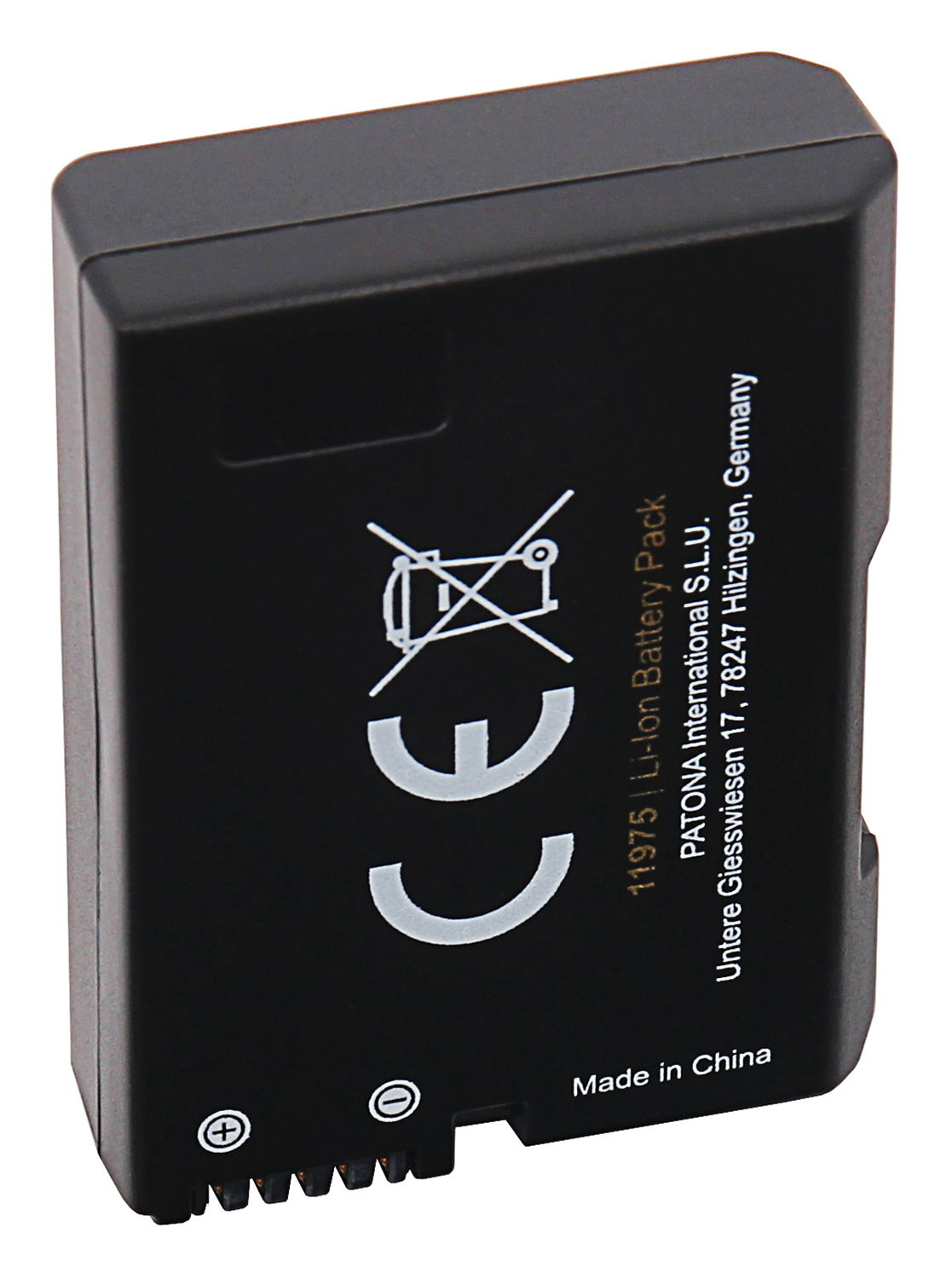 EN-EL14 battery back side with recycling and warning icons, Made in China text