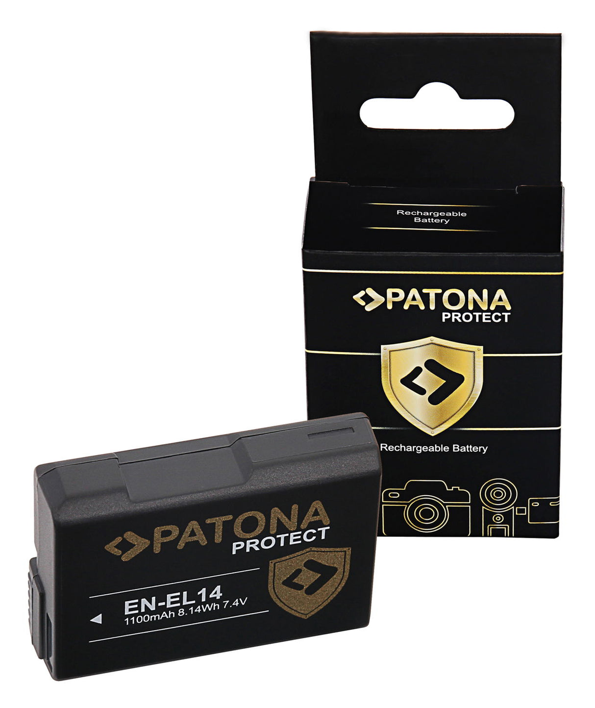 EN-EL14 rechargeable camera battery with Patona Protect packaging box, black