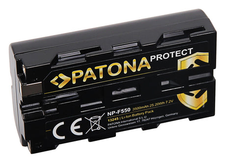 Rechargeable camera battery pack with shield and Protect text, black