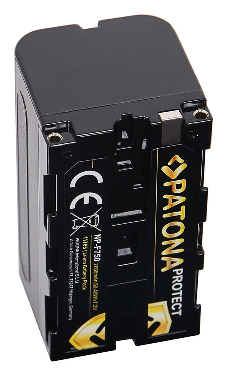 NP-F750 rechargeable battery, terminals and label side with protective shield logo